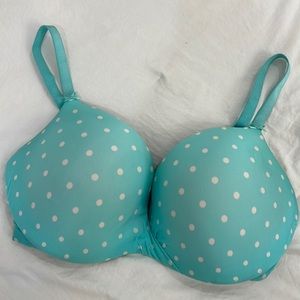 Victoria’s Secret polkadot blue white teal padded bra 36DD retro sexy plunge